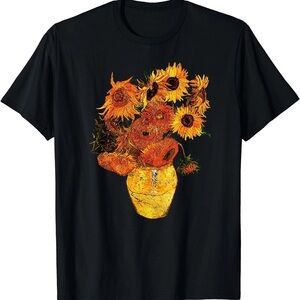 Van Gogh Black T-Shirt with Sunflower Vase Design